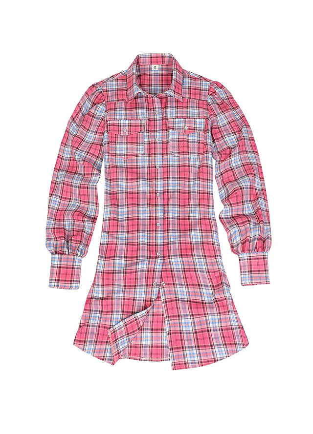 Front view of a women's western pearl snap pink flannel shirt dress