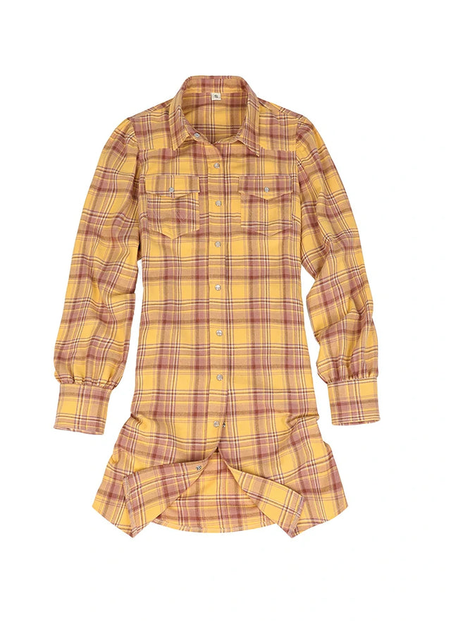 Front view of a women's western pearl snap yellow flannel shirt dress