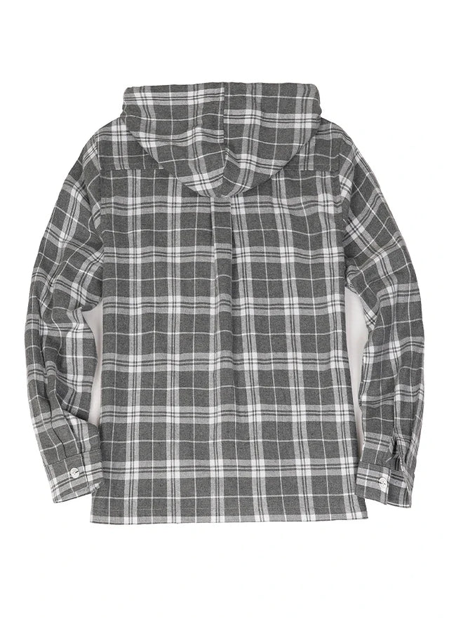 Back view of a women's zip up gray white flannel shirt with adjustable hood