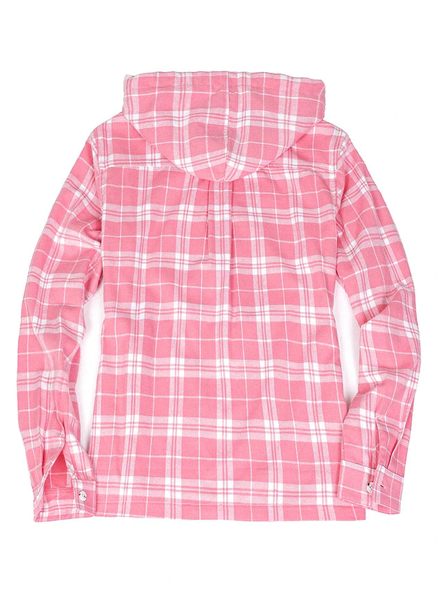 Back view of a women's zip up pink flannel shirt with adjustable hood