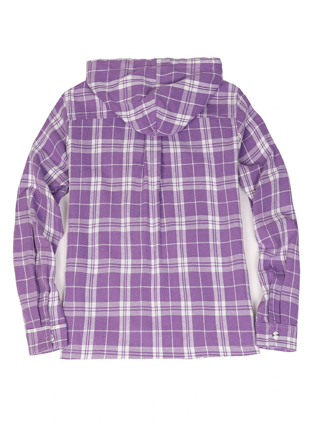 Back view of a women's zip up purple white flannel shirt with adjustable hood