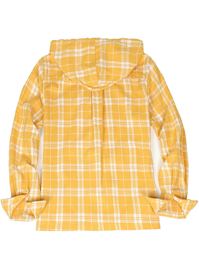 Back view of a women's zip up yellow white flannel shirt with adjustable hood
