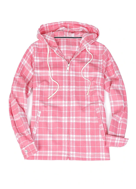 Front view of a women's midweight pink plaid flannel hooded shirt