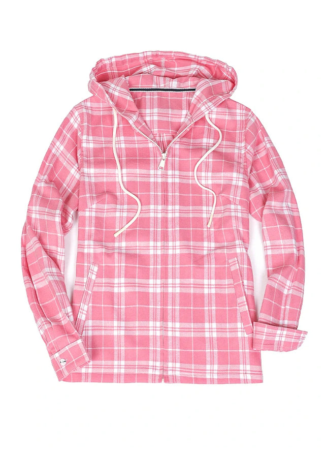 Front view of a women's midweight pink plaid flannel hooded shirt