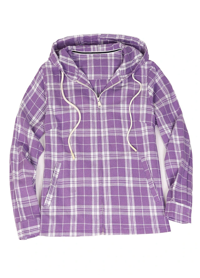 Front view of a women's midweight purple white plaid flannel hooded shirt