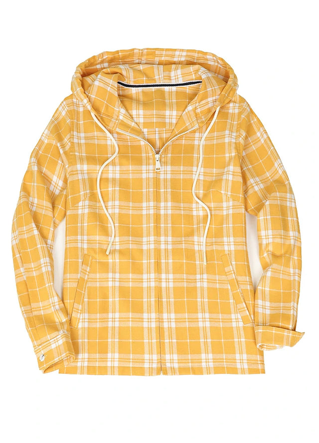 Front view of a women's midweight yellow white plaid flannel hooded shirt