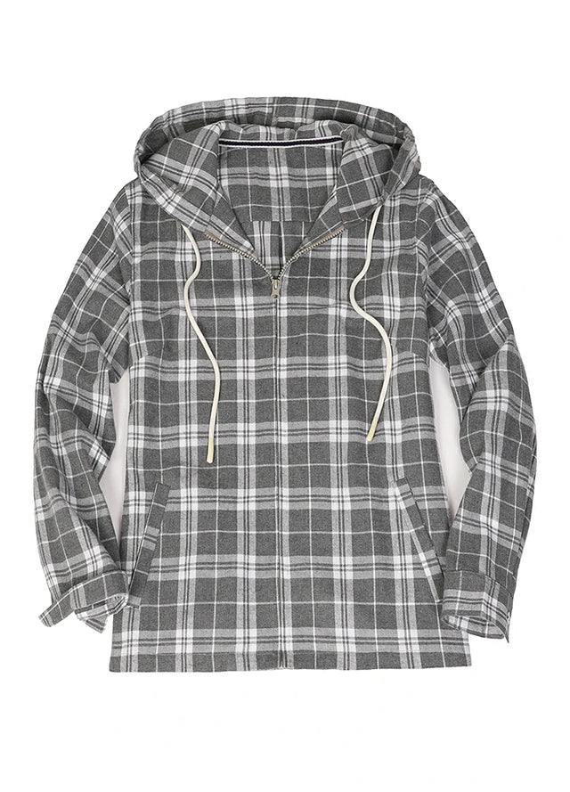 Front view of a women's midweight gray white plaid flannel hooded shirt