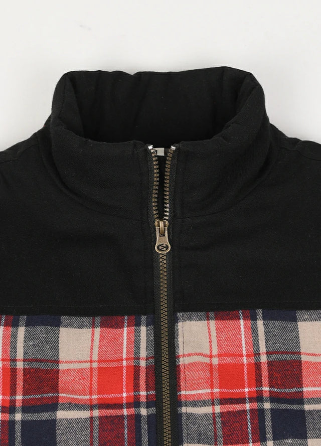 Close-up of the warm collar detail on kid's red thermal flannel jacket