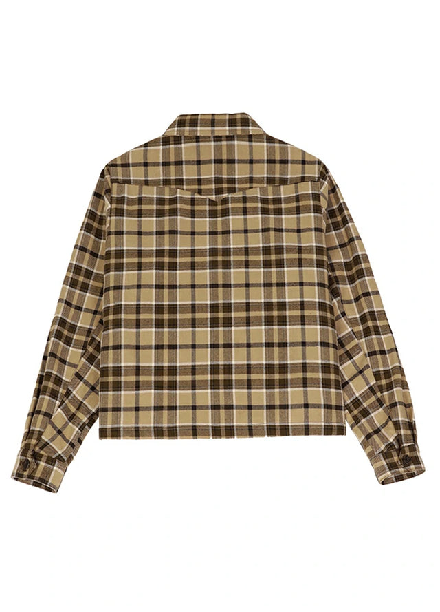 Back view of women's browm plaid flannel shirt shacket