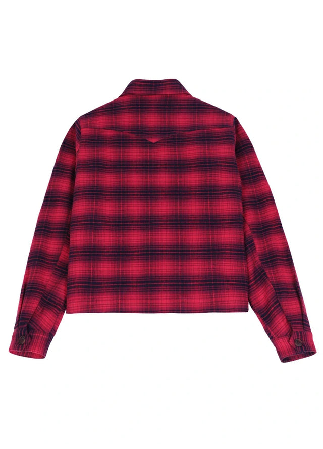 Back view of women's red black plaid flannel shirt shacket