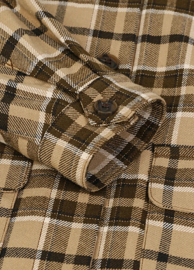 Close-up of women's fall winter browm flannel shacket cuffs