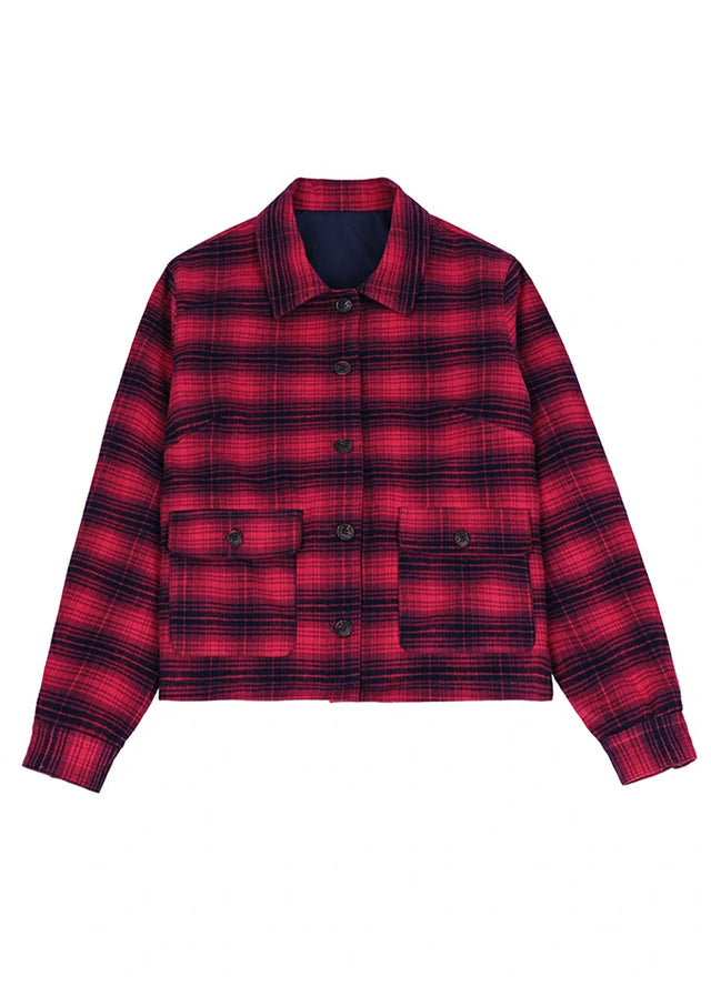 Front view of a women's red black plaid warm flannel jacket