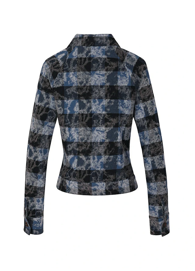 Back view of women's blue black plaid washed cropped flannel shirt