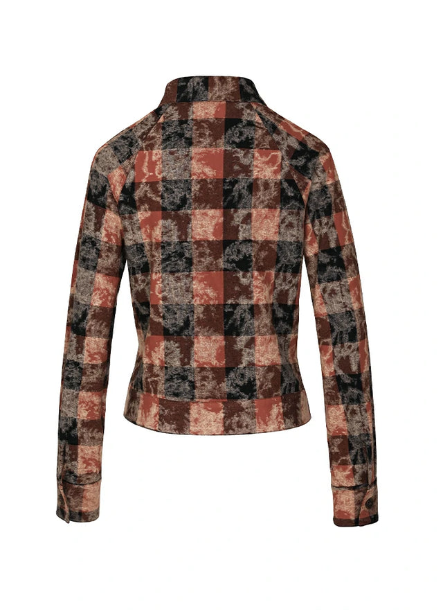 Back view of women's brown black plaid washed cropped flannel shirt