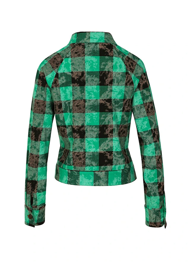 Back view of women's green black plaid washed cropped flannel shirt