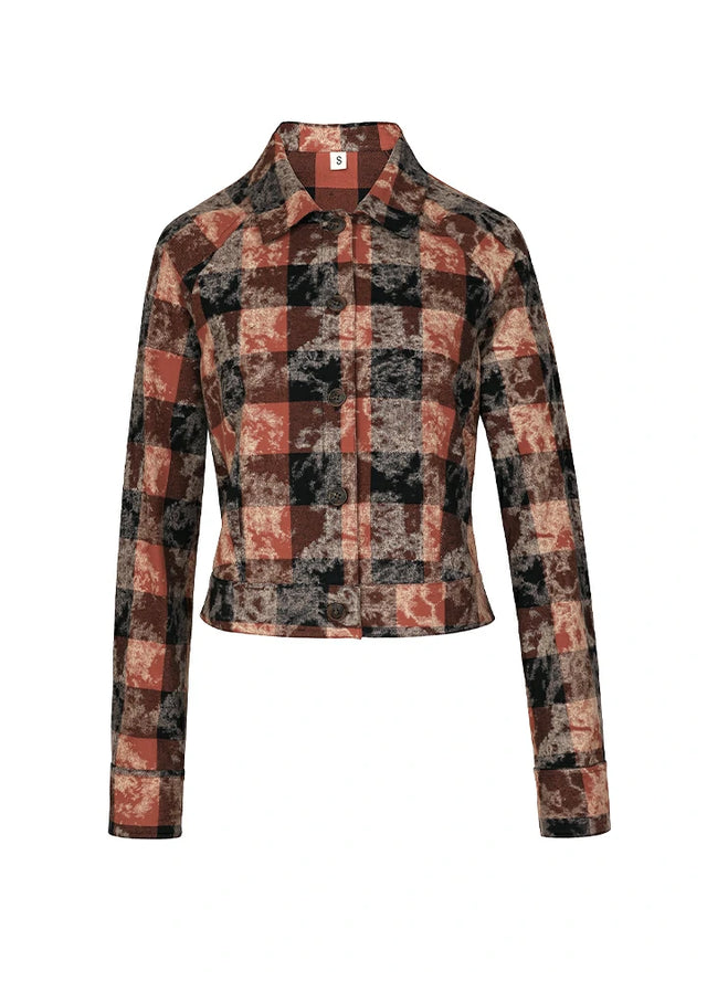Front view of a women's cropped brown black washed plaid flannel shirt