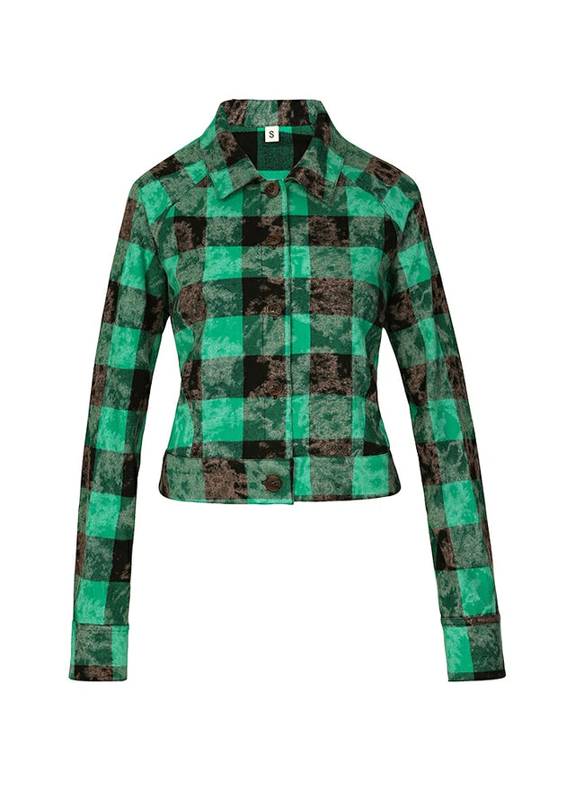 Front view of a women's cropped green black washed plaid flannel shirt