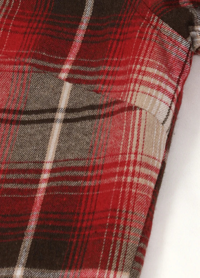 Detailed view of womens red black sherpa lined flannel hooded jacket fabric