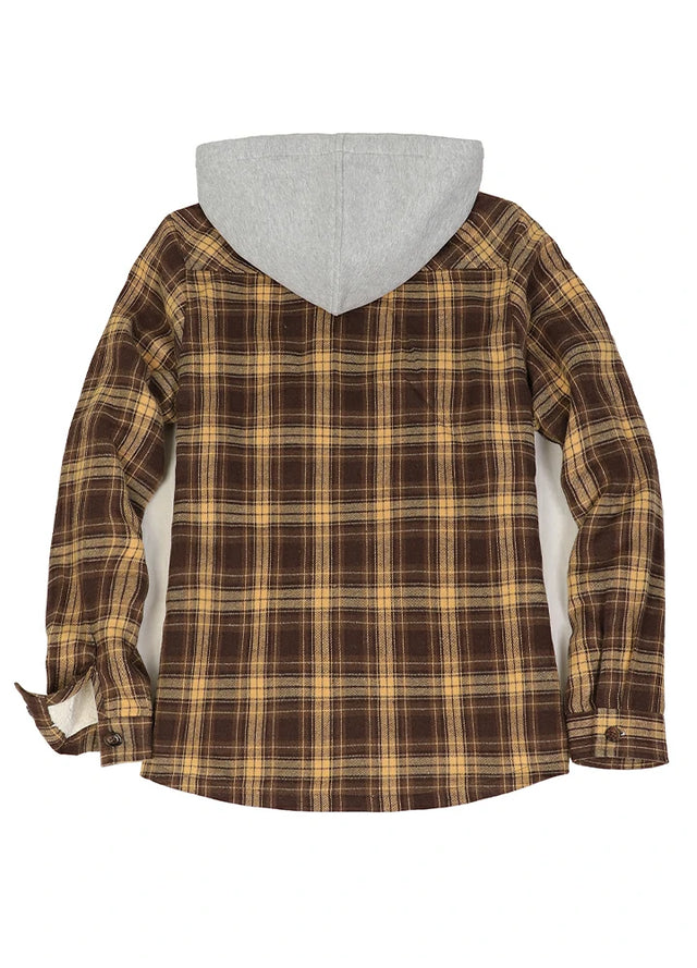 Back view of a women's zip up brown flannel jacket with sherpa-lined