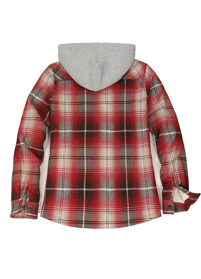 Back view of a women's zip up red black flannel jacket with sherpa-lined