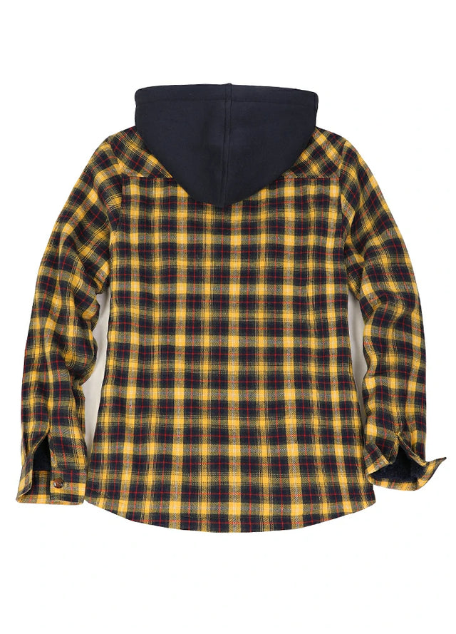 Back view of a women's zip up yellow flannel jacket with sherpa-lined