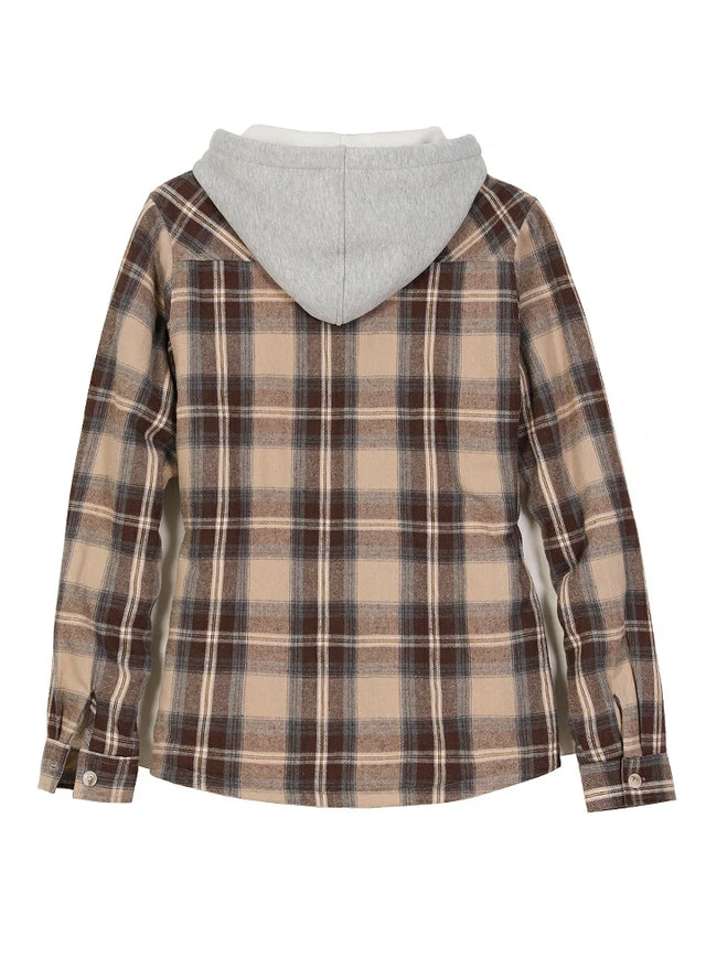 Back view of a women's zip up khaki brown flannel jacket with sherpa-lined