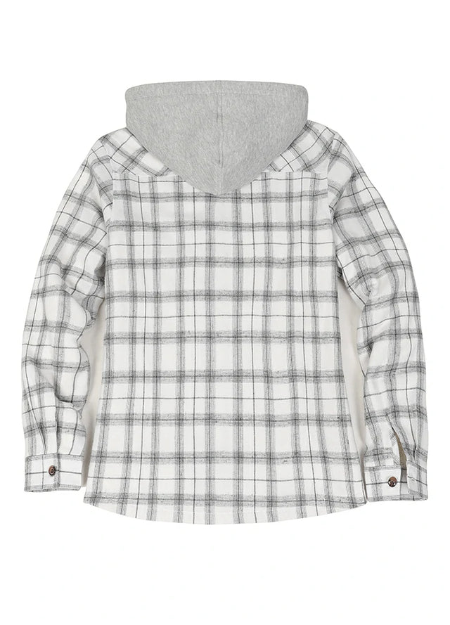 Back view of a women's zip up white flannel jacket with sherpa-lined