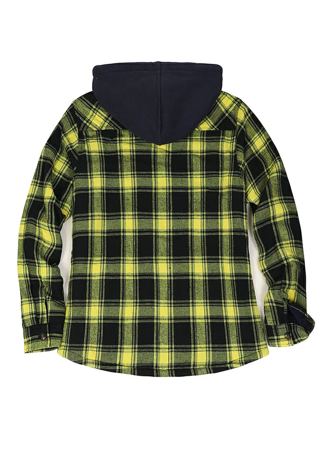 Back view of a women's zip up yellow black flannel jacket with sherpa-lined