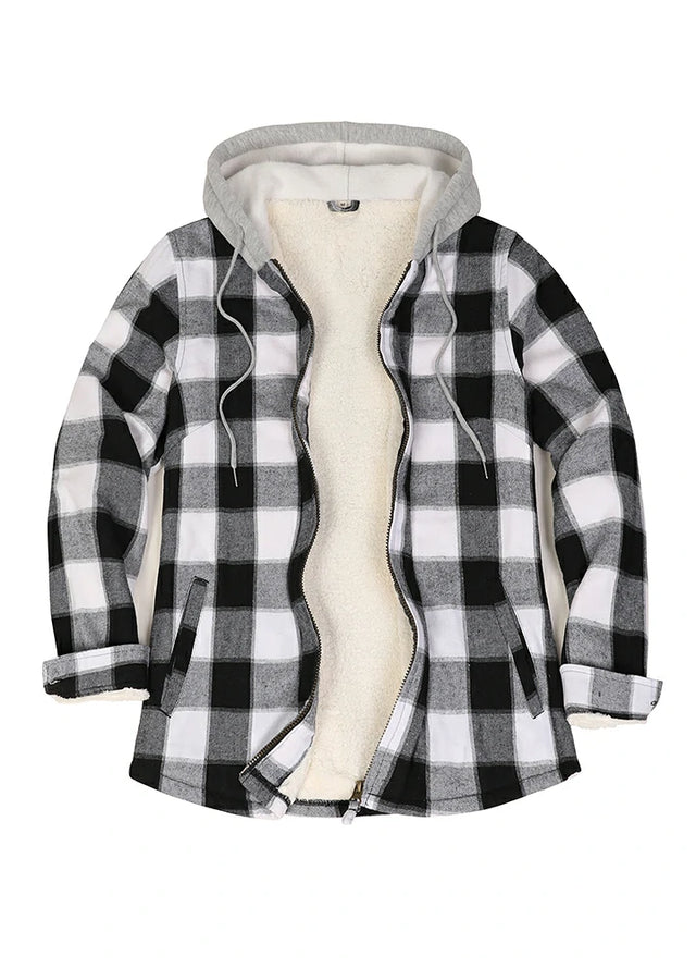 Front view of a women's black gray plaid full zip up plaid flannel plaid hooded