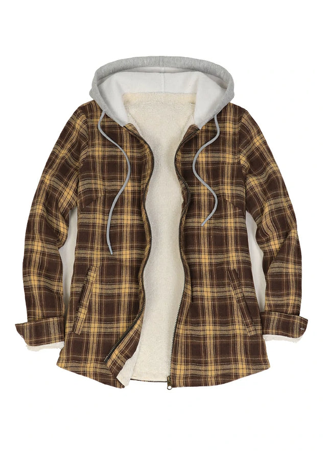 Front view of a women's brown plaid full zip up plaid flannel plaid hooded