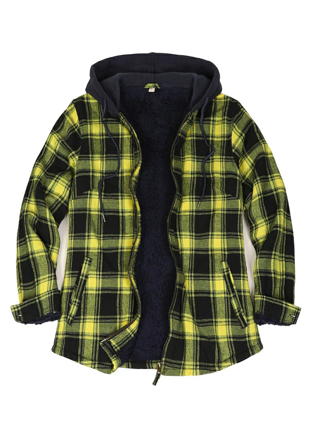 Front view of a women's yellow black plaid full zip up plaid flannel plaid hooded