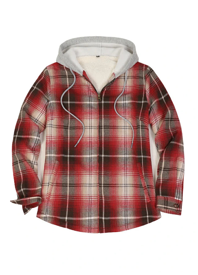 Front view of a women's red black plaid full zip up plaid flannel plaid hooded