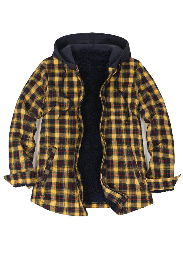 Front view of an open sherpa-lined yellow plaid flannel hooded for women