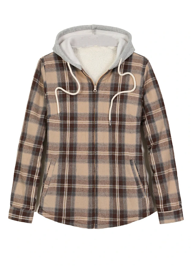 Front view of a women's khaki brown plaid full zip up plaid flannel plaid hooded
