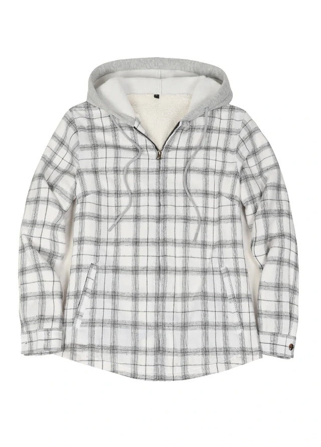 Front view of a women's white plaid full zip up plaid flannel plaid hooded