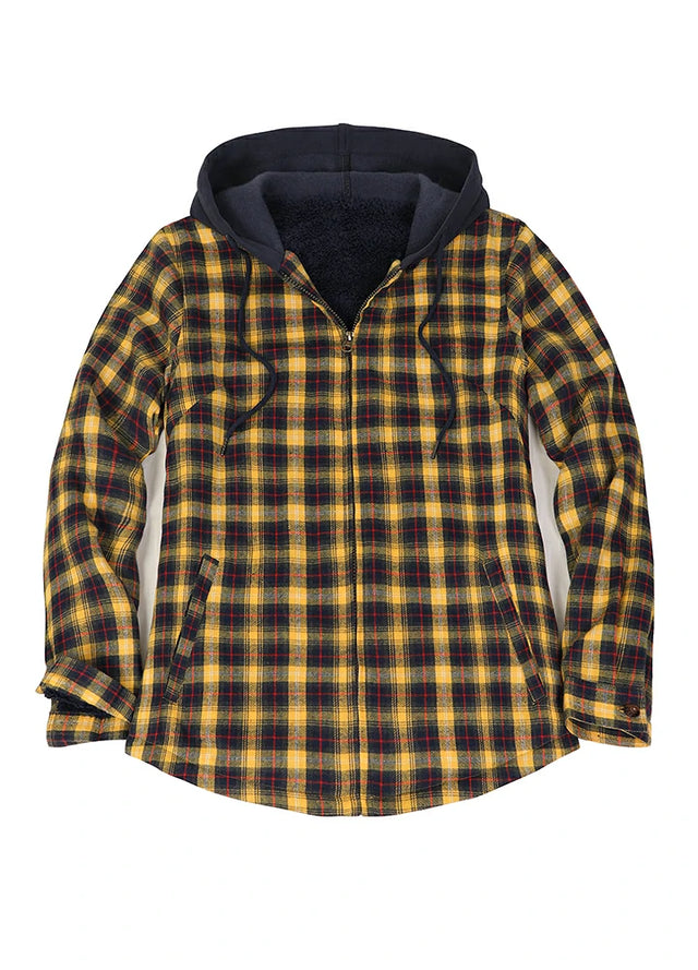 Front view of a women's yellow plaid full zip up plaid flannel plaid hooded