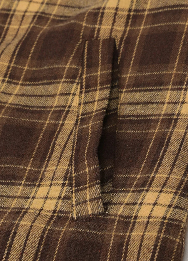 Close-up of womens sherpa-lined brown flannel hooded hand pocket