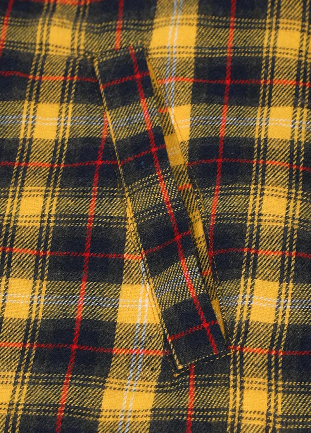 Close-up of womens sherpa-lined yellow flannel hooded hand pocket