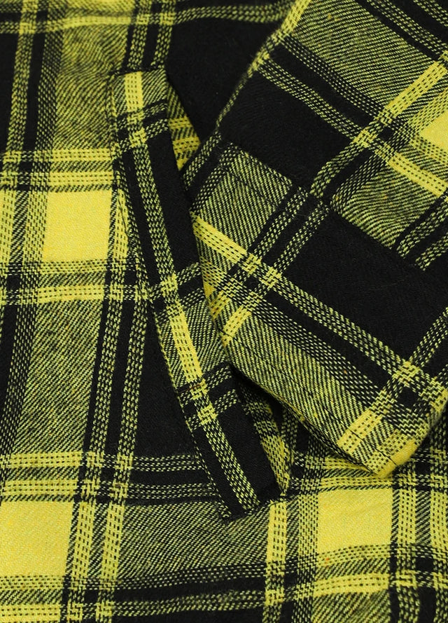 Close-up of womens sherpa-lined yellow black flannel hooded hand pocket