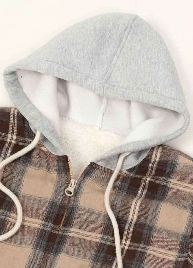 Close-up of the zipper detail on a women's khaki brown plaid flannel jacket