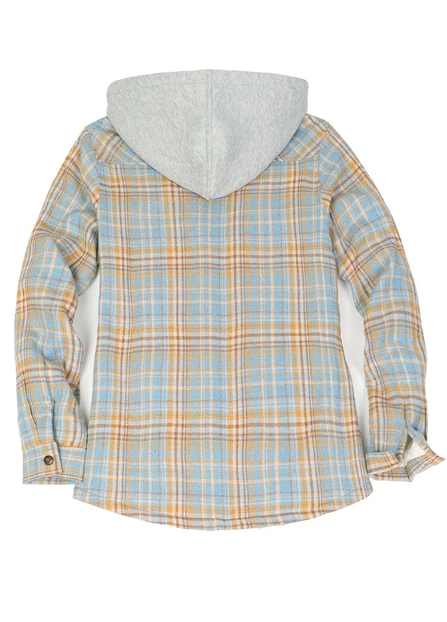 Back view of a women's zip up blue yellow flannel jacket with sherpa-lined