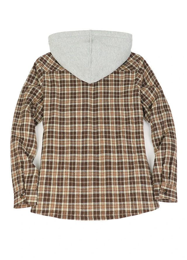 Back view of a women's zip up chocolate flannel jacket with sherpa-lined