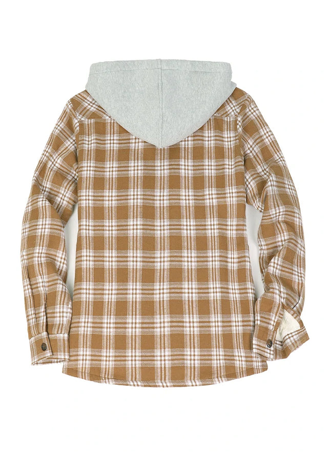 Back view of a women's zip up brown flannel jacket with sherpa-lined