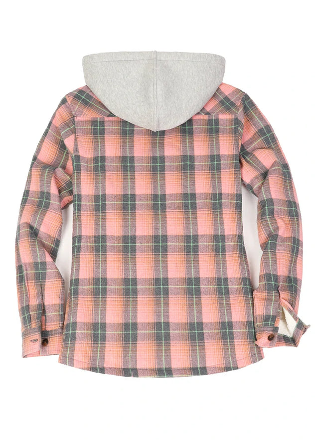 Back view of a women's zip up pink flannel jacket with sherpa-lined