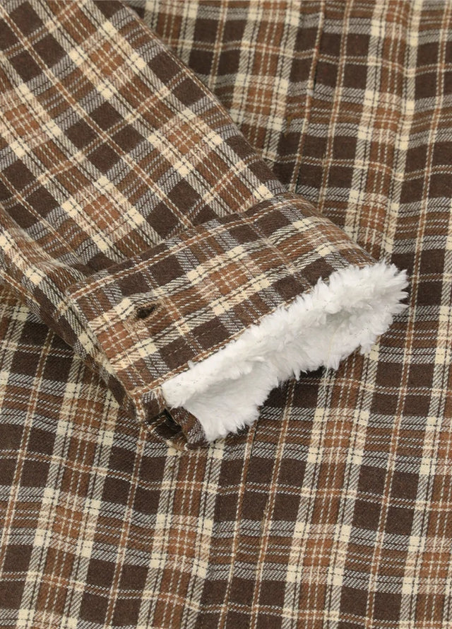 Detailed view of womens chocolate sherpa lined flannel hooded jacket cuffs