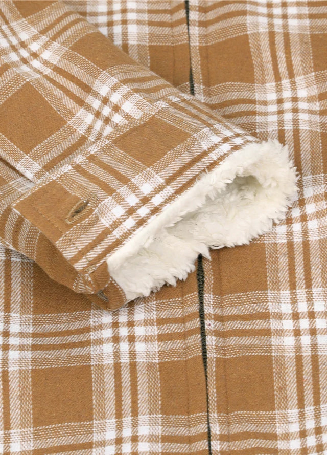 Detailed view of womens brown sherpa lined flannel hooded jacket cuffs