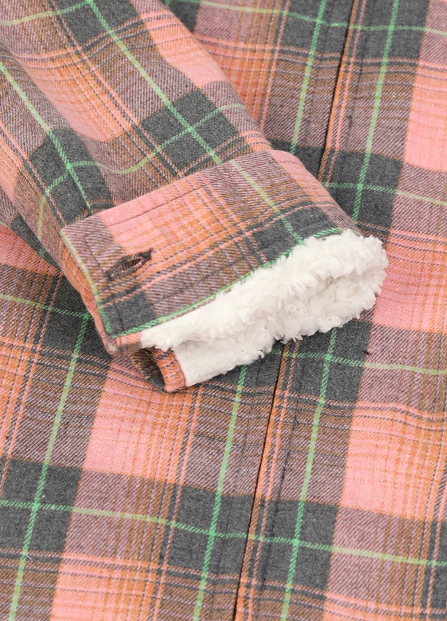 Detailed view of womens pink sherpa lined flannel hooded jacket cuffs