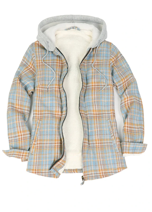 Front view of a women's blue yellow plaid full zip up plaid flannel plaid hooded