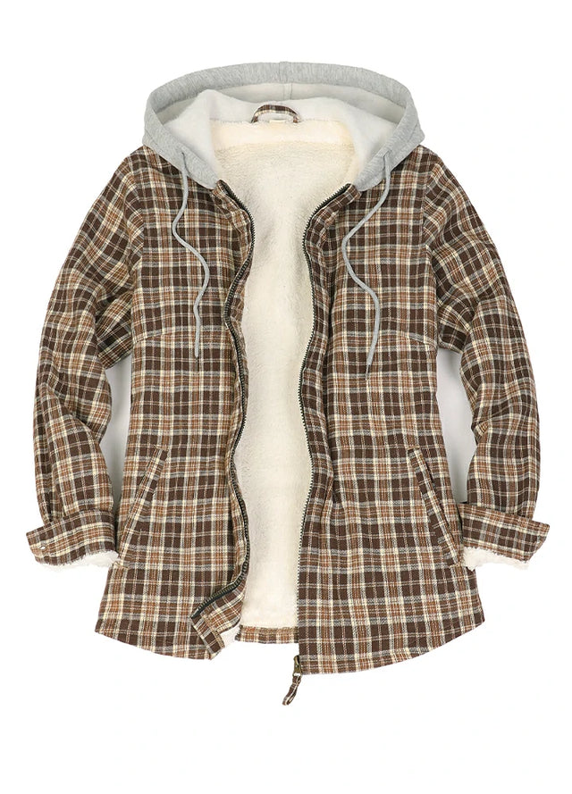 Front view of a women's chocolate plaid full zip up plaid flannel plaid hooded