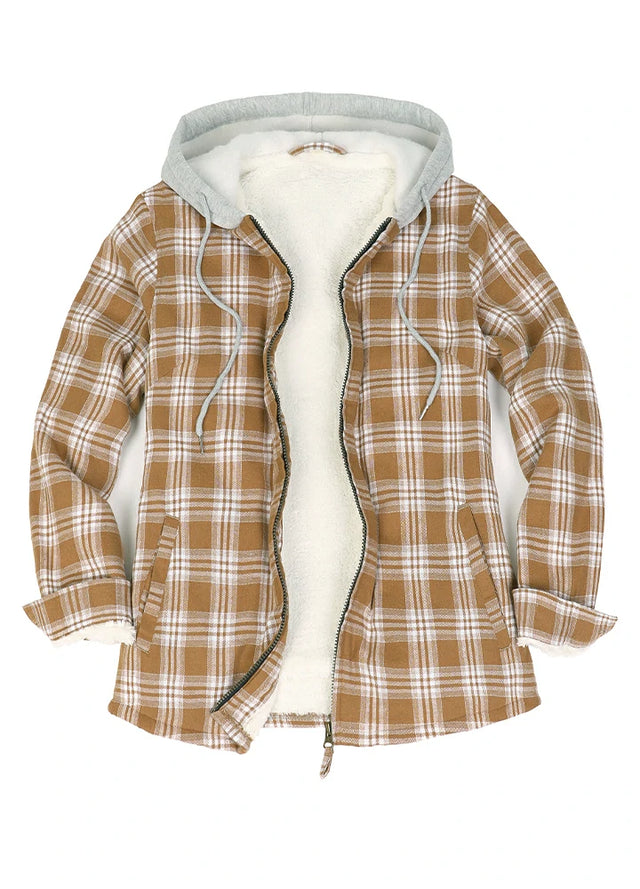 Front view of a women's brown plaid full zip up plaid flannel plaid hooded